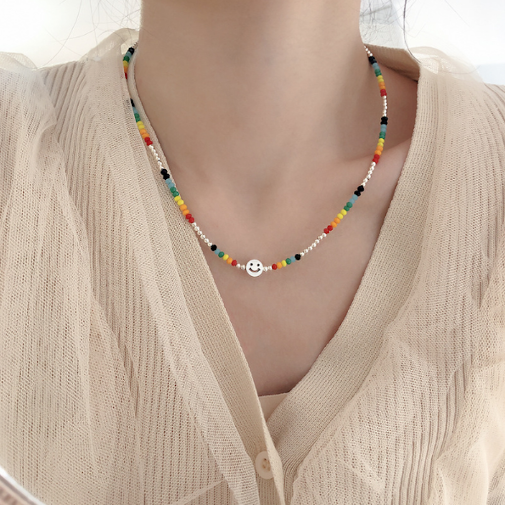 Womens Colorful Beaded Necklace With Happy Face