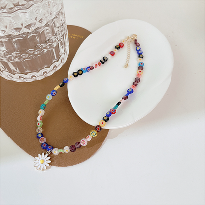 Womens Rainbow Beaded Necklace With Daisy Pendant