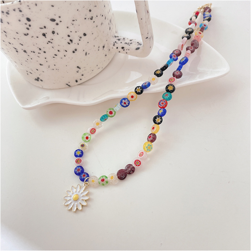 Womens Rainbow Beaded Necklace With Daisy Pendant