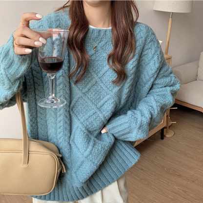 Womens Round Neck Cable Knit Batwing Sweater