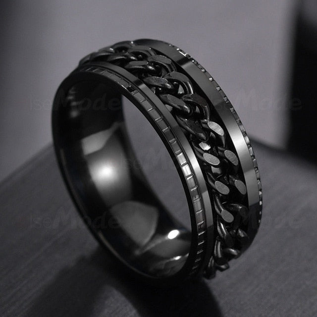 Mens Stainless Steel Rotatable Chain Style Black Ring