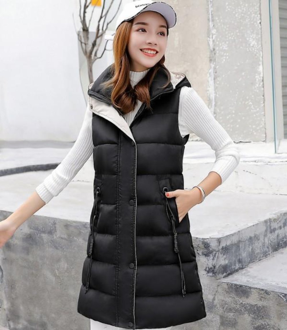 Womens High Collar Hooded Puffer Winter Vest in Red