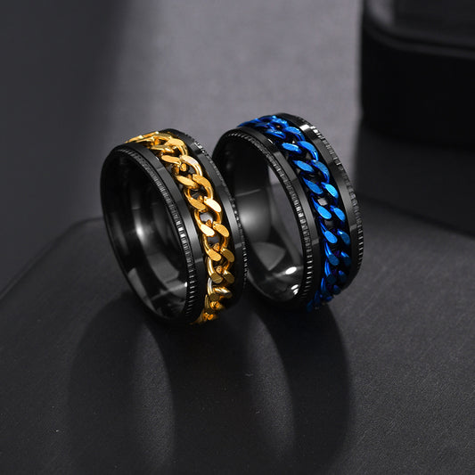 Mens Stainless Steel Rotatable Chain Style Black Ring