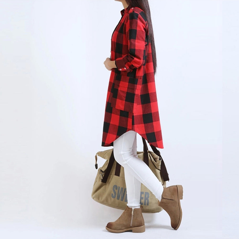 Womens Long Checkered Shirt with Pockets