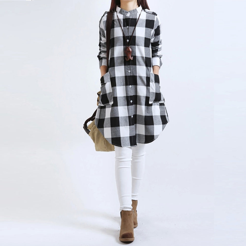 Womens Long Checkered Shirt with Pockets