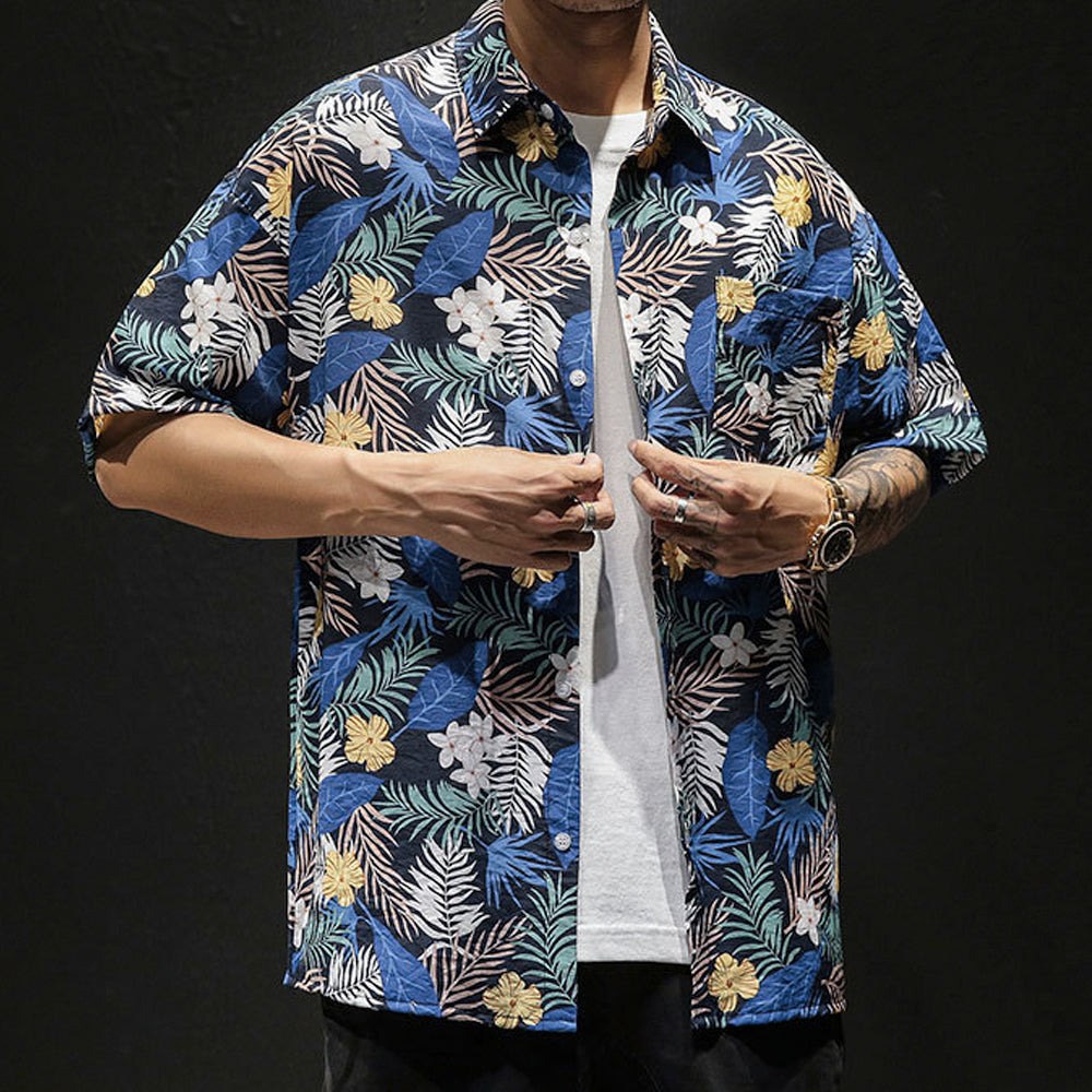 Mens Oversized Yellow Floral Short Sleeve Print Hawaiian Shirt