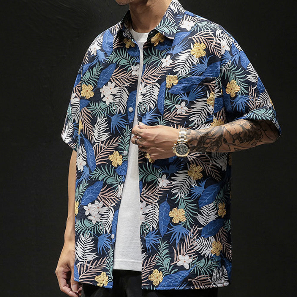 Mens Oversized Yellow Floral Short Sleeve Print Hawaiian Shirt