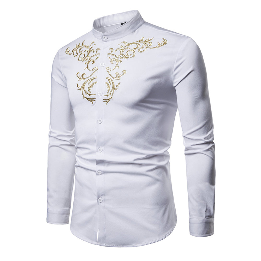 Mens Slim Fit Embroidered Floral Button Down Shirt