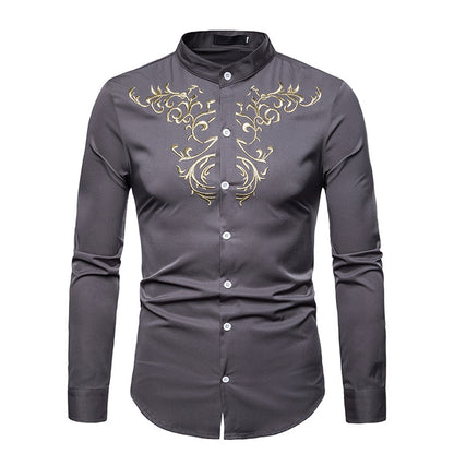 Mens Slim Fit Embroidered Floral Button Down Shirt
