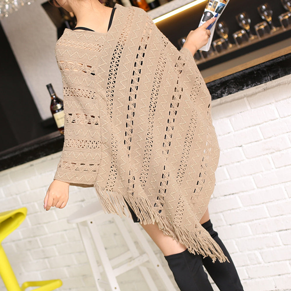 Womens Knit Poncho with Fringe