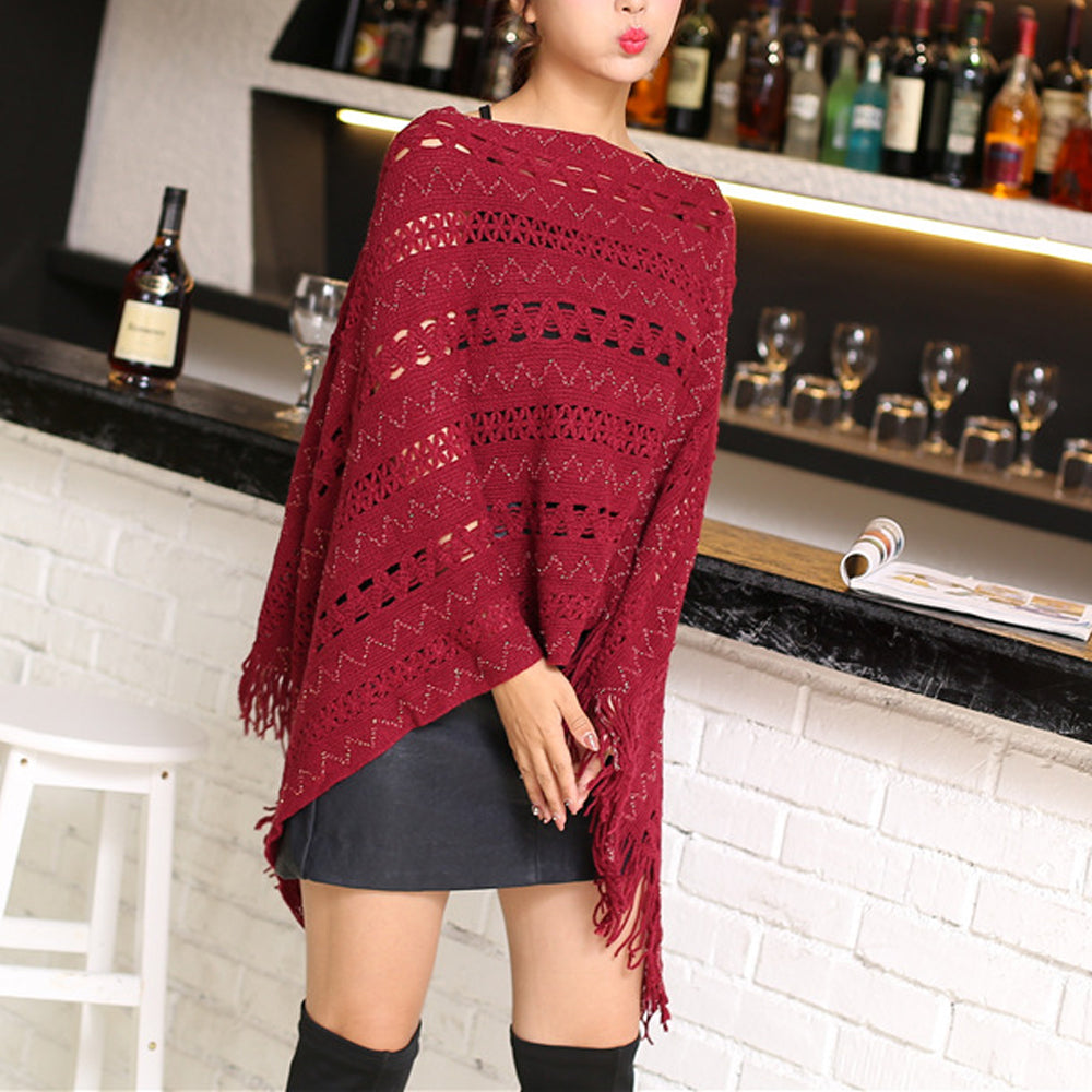 Womens Knit Poncho with Fringe