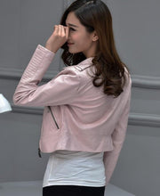 Load image into Gallery viewer, Womens Short Vegan Leather Biker Jacket in Pink
