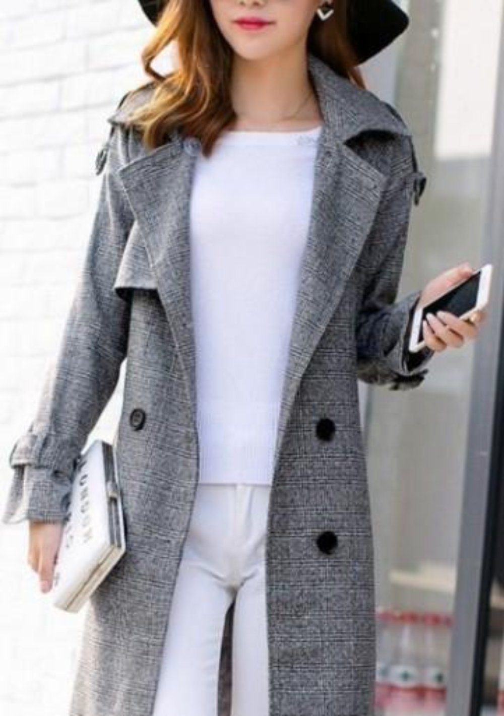 Womens Gray Mid Length Double Breasted Trench Coat