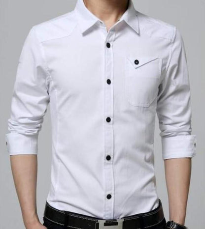 Mens Classic White Flip Pocket Button Front Long Sleeve Shirt
