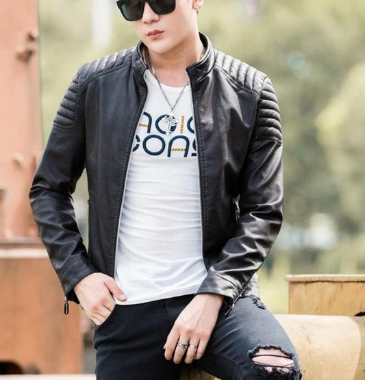 Mens Slim Fit Biker Faux Leather Jacket