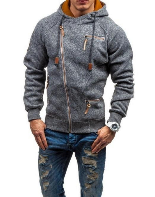 Mens Zipper Hoodie with Faux Leather Details