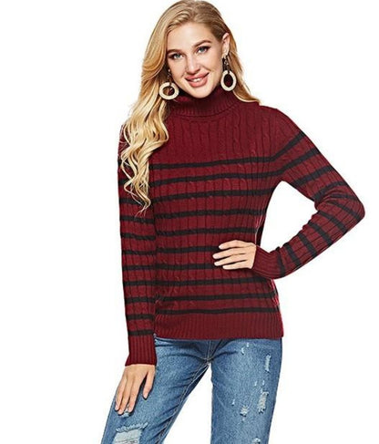 Womens Striped Slim Fit Turtle Neck Sweater