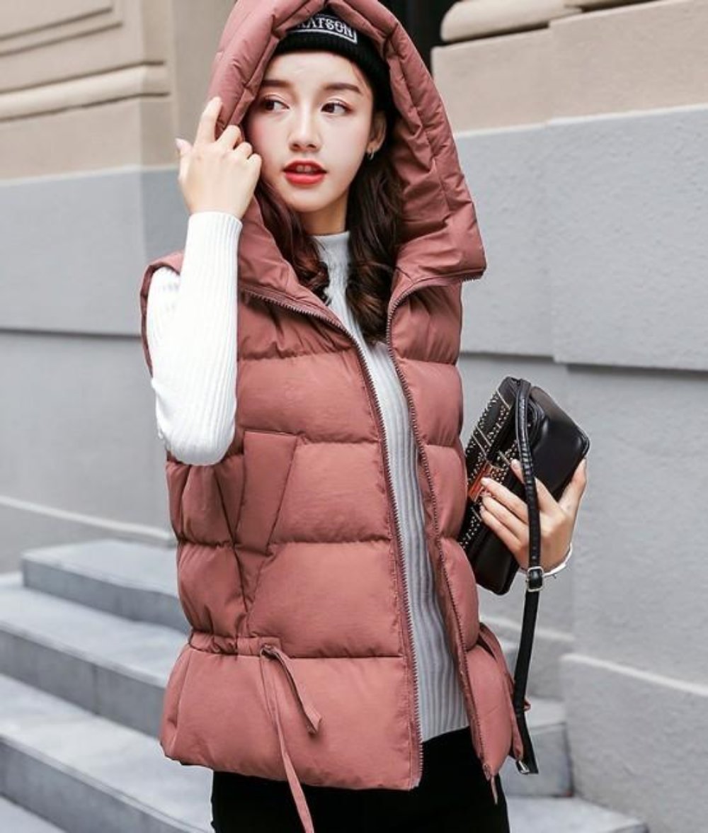 Womens Short Zipped Up Puffer Hooded Vest in Pink