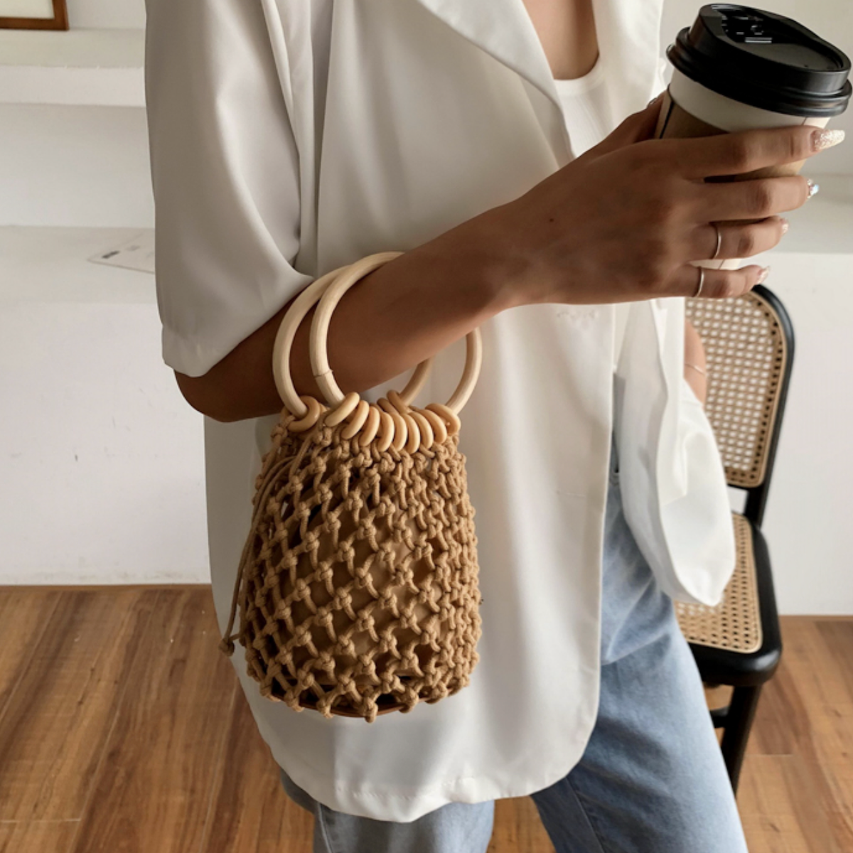Summer Cotton Rope Crochet Bag With Ratten Ring Handle – Onetify