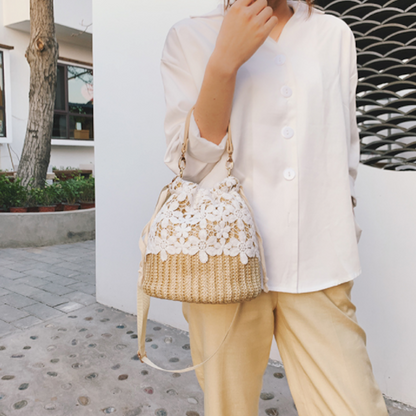 Summer Crossbody Straw Bucket with Lace