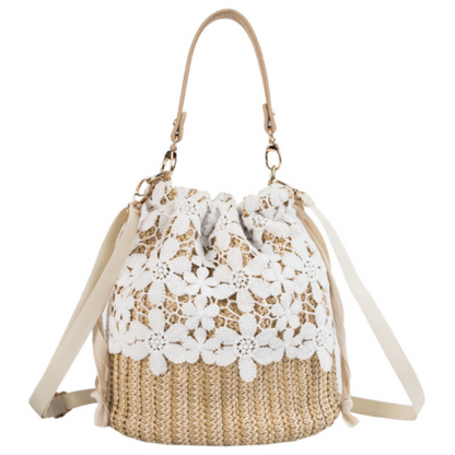 Summer Crossbody Straw Bucket with Lace
