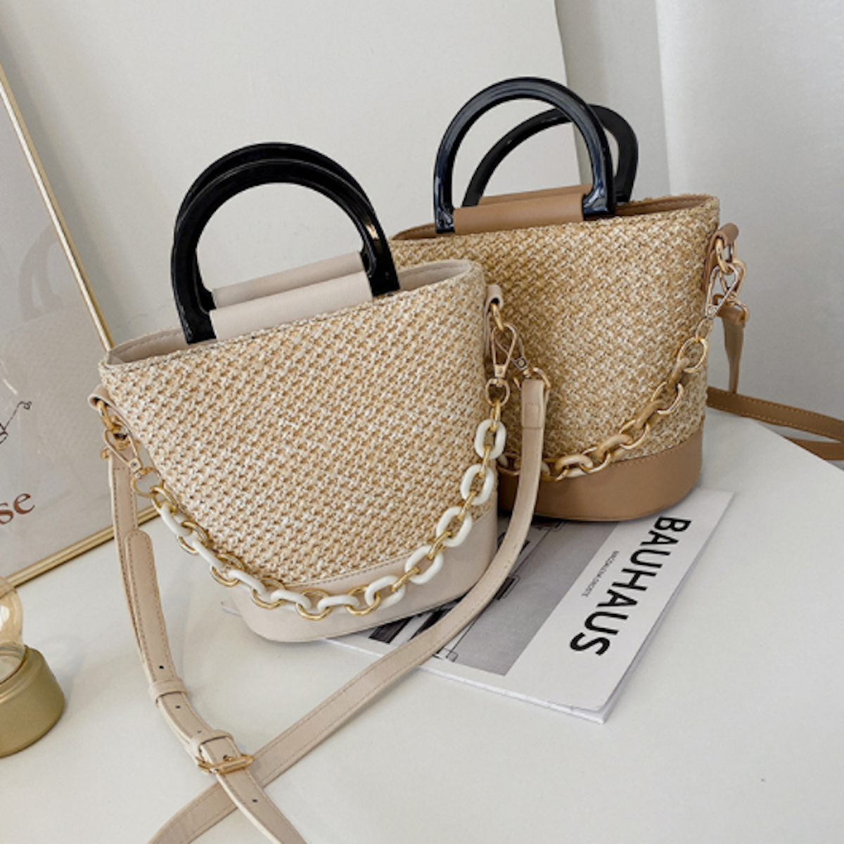 Summer Crossbody Straw Bag With Chains Details – Onetify