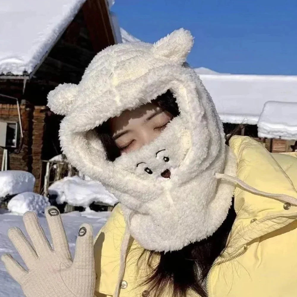 Winter Cartoon Hat with Attached Scarf