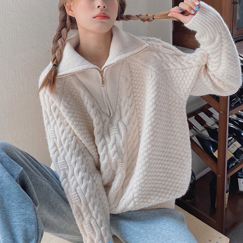 Women Half Zip Cable Knit Sweater