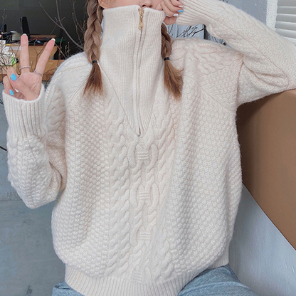 Women Half Zip Cable Knit Sweater