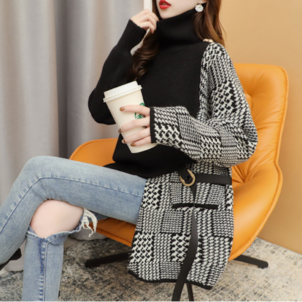 Womens Layered Look Houndstooth Sweater