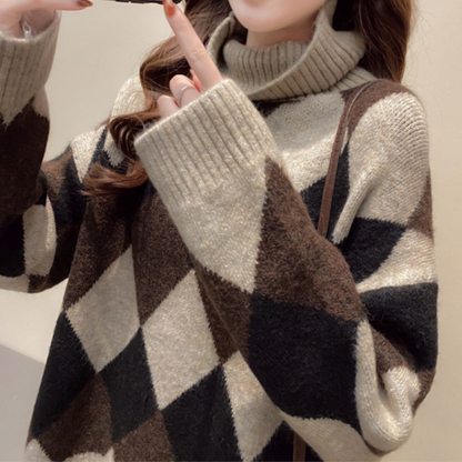 Womens Turtleneck Argyle Pattern Sweater