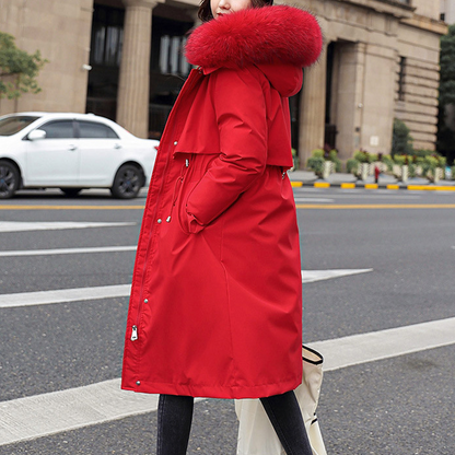 Womens 's Detachable Faux Fur Lining Long Coat with Furry Hood