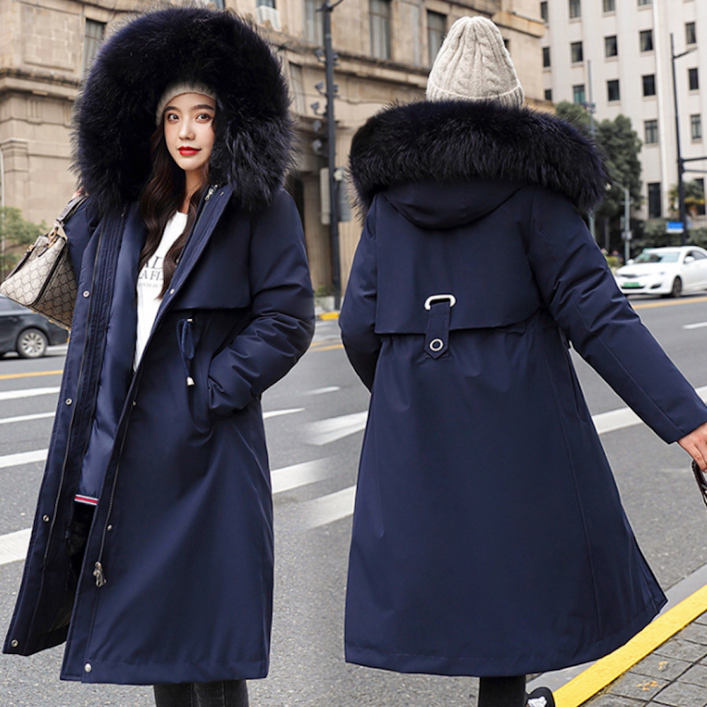 Womens 's Detachable Faux Fur Lining Long Coat with Furry Hood