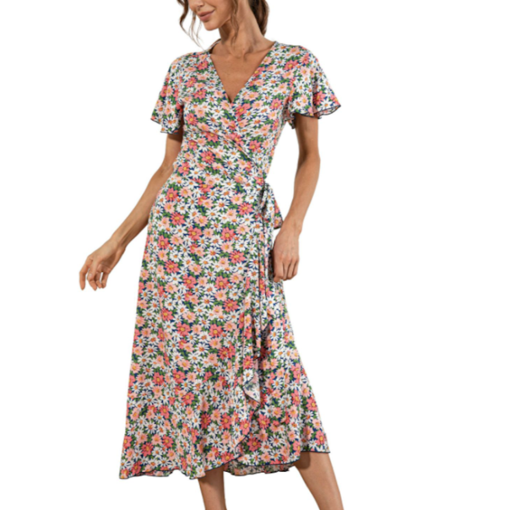 Womens V Neck Maxi Dress with Daisy Print
