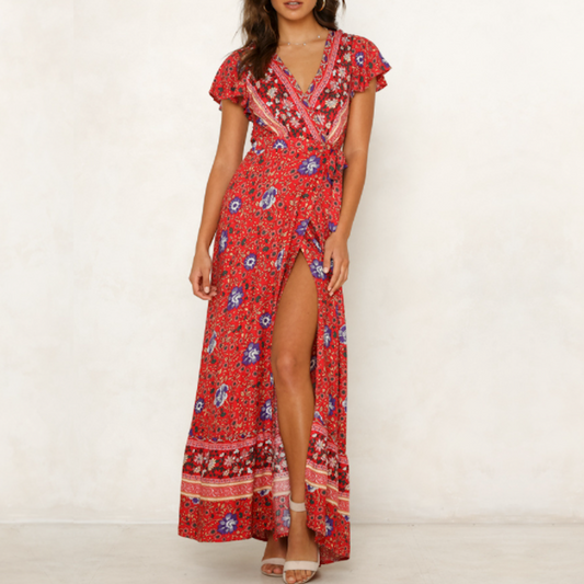 Womens Wrap Style V Neck Floral Maxi Dress