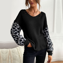 Load image into Gallery viewer, Womens V Neck Sweater With Leopard Print Sleeves
