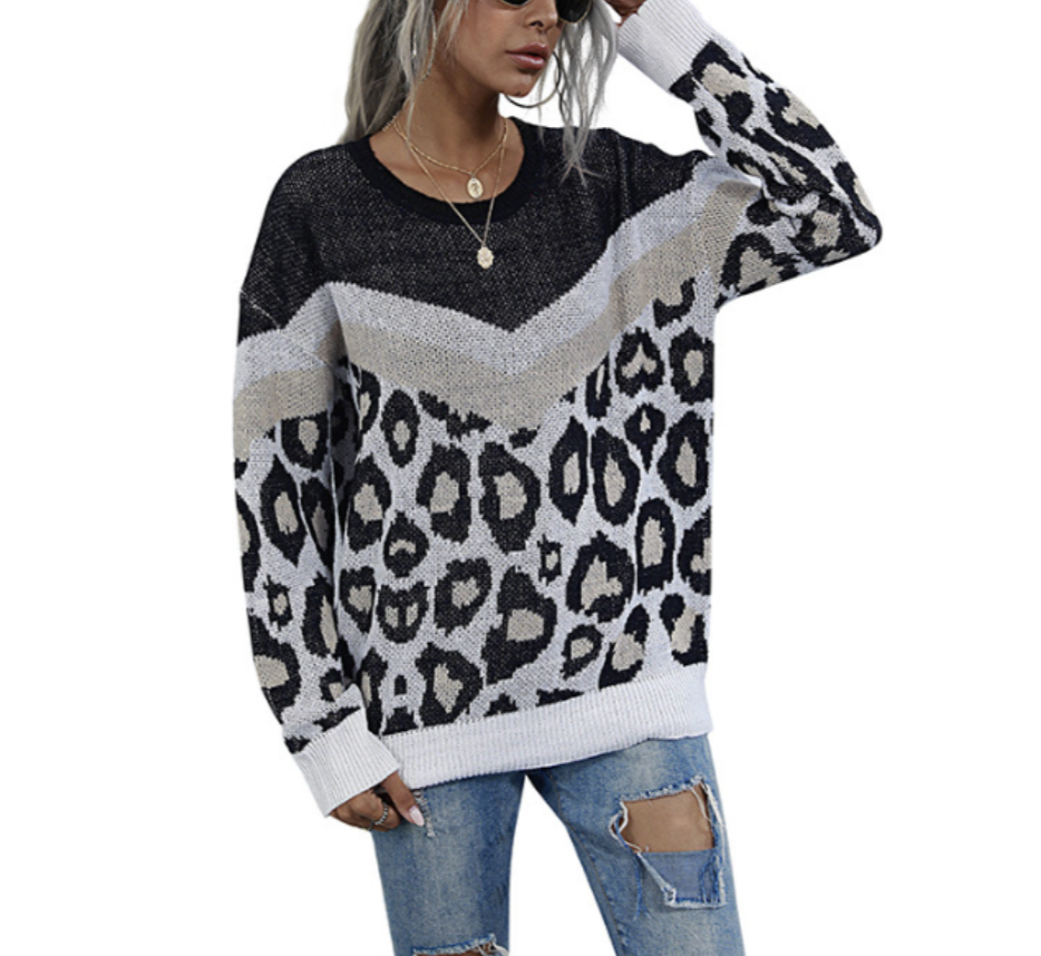 Womens Leopard Print Round Neck Sweater – Onetify