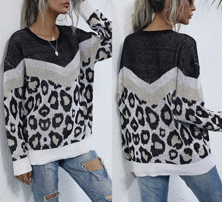 Womens Leopard Print Round Neck Sweater