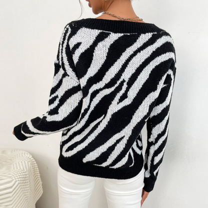 Womens Zebra Print Round Neck Sweater