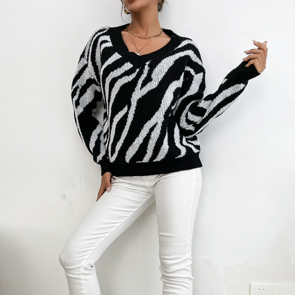 Womens Zebra Print Round Neck Sweater
