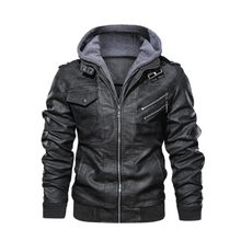 Load image into Gallery viewer, Mens Hooded Faux Leather Biker Jacket
