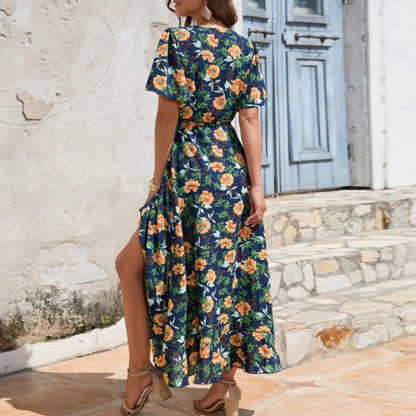 Women Wrap Style Summer Floral Dress With Ruffles