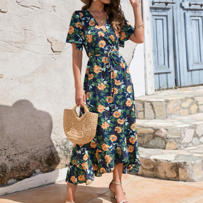 Women Wrap Style Summer Floral Dress With Ruffles
