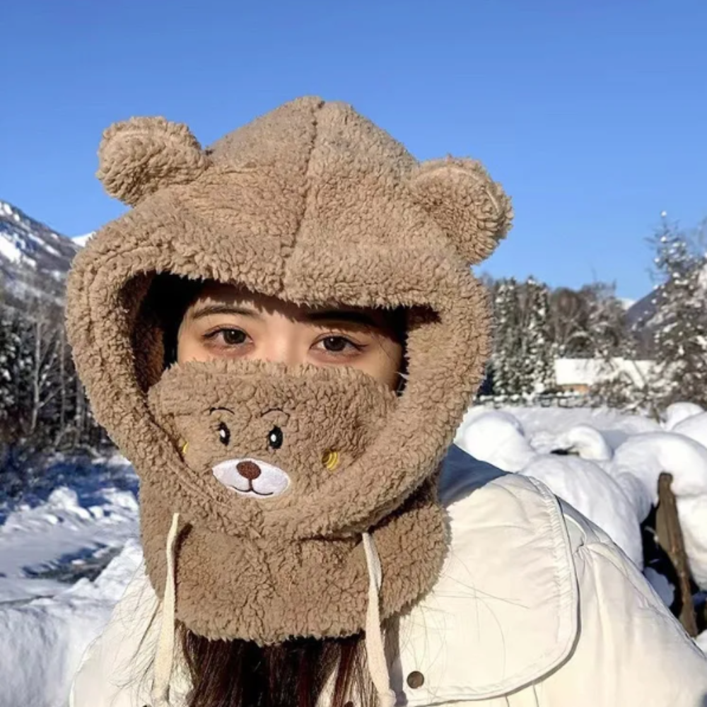 Winter Cartoon Hat with Attached Scarf