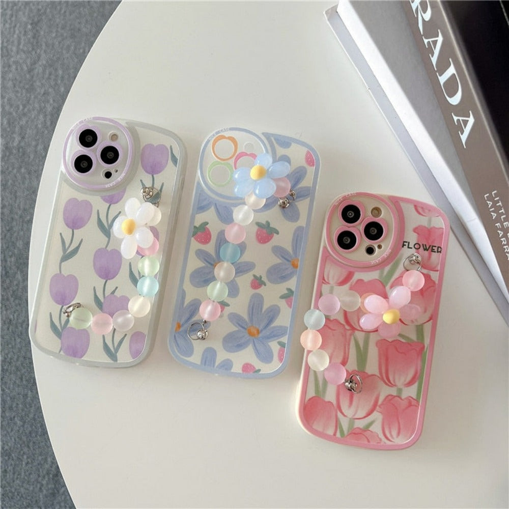 Floral Pattern Phone Case with Wrist Strap