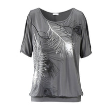 Load image into Gallery viewer, Womens Cut Shoulder Casual T Shirt with Feather Print
