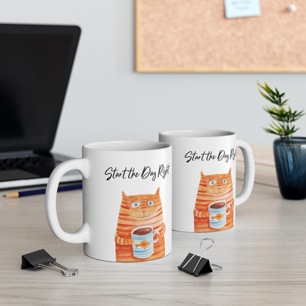 Start the Day Right Cat Holding Goldfish Coffee Tea Mug