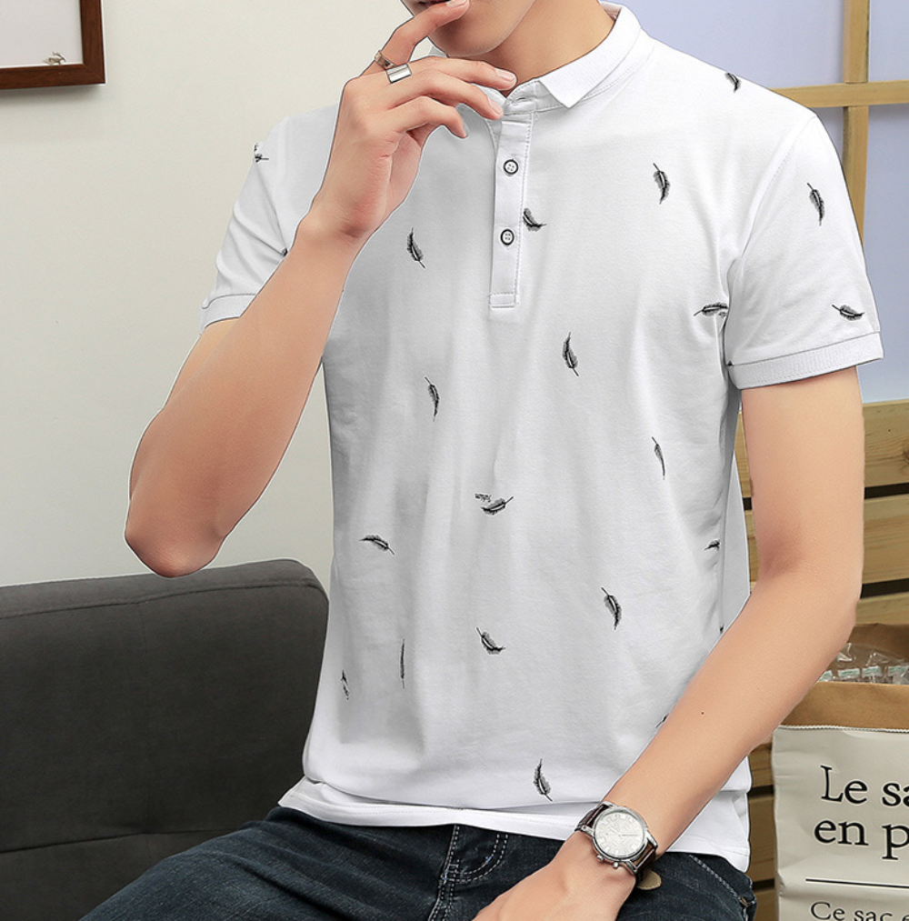 Mens Short Sleeve Polo Shirt with Feather Print