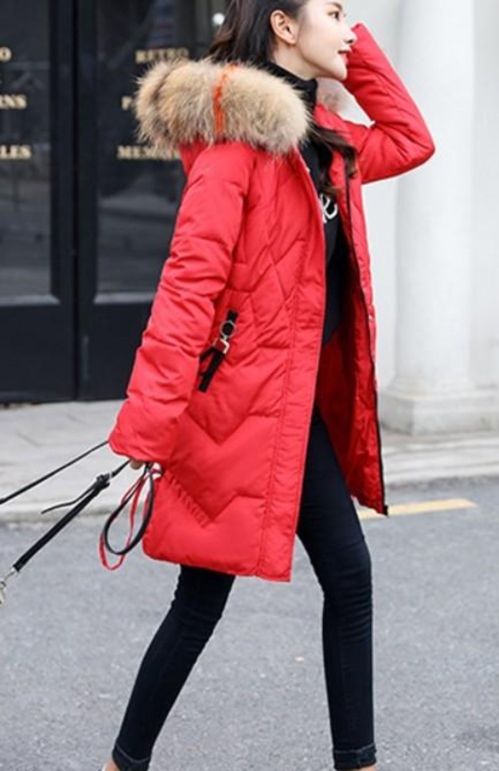 Womens Casual Puffer Coat with Faux Fur Hood in Red
