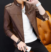 Load image into Gallery viewer, Mens Stand Collar Faux Leather Biker Jacket

